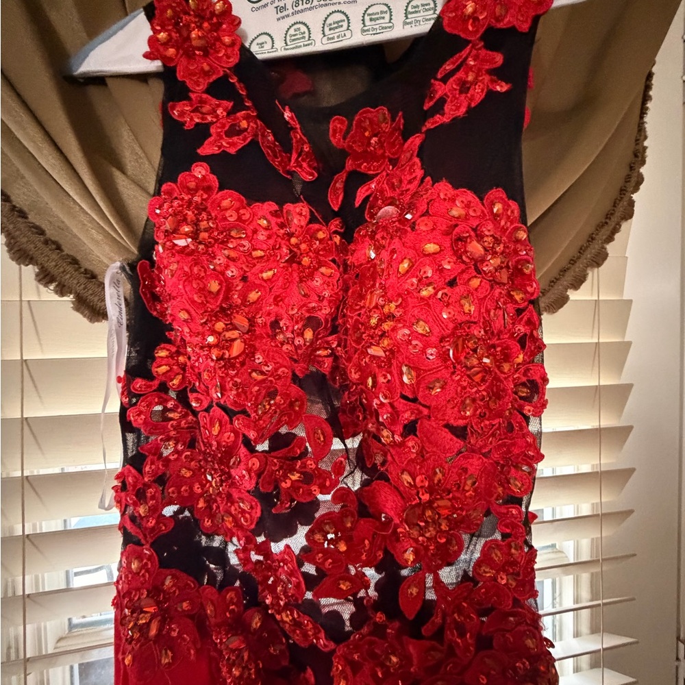Cinderella Red and Black Floral Prom Dress - Picture 5 of 9